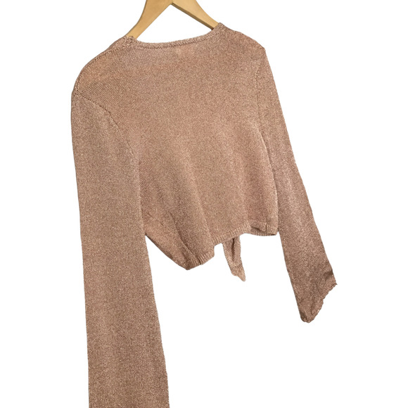 Dee Elly Metallic Shimmer Cropped Front Tie Bell Long Crochet Sleeve Rose Gold S - Picture 4 of 12